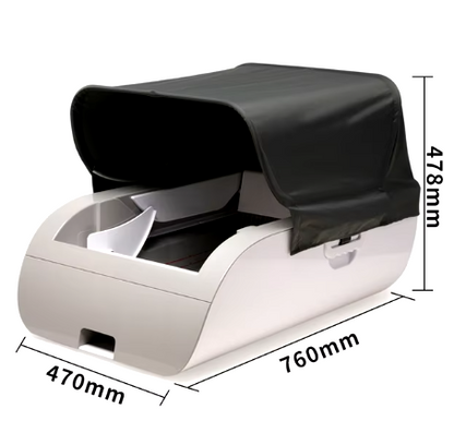 Self-cleaning automatic cat litter box with ionizing deodorizer and anti-pinch safety feature, suitable for indoor and outdoor use.