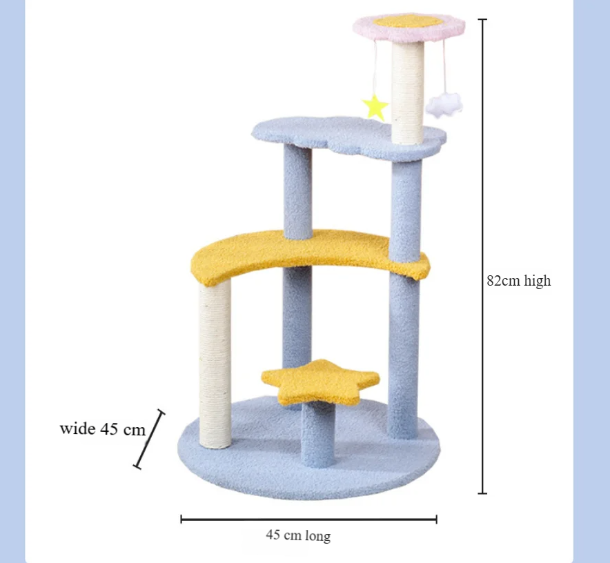 Cute kitten tree tower with multi-level design and sisal-covered scratching posts for cats.