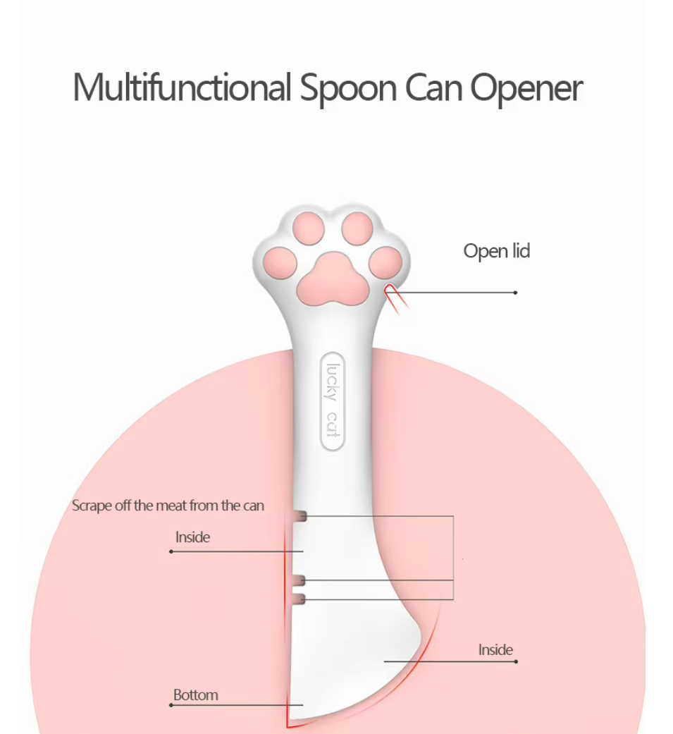 Multifunctional pet spoon and can opener for easy food storage and serving.