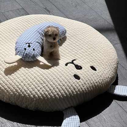 U-shaped cotton pet pillow for cats and dogs with removable washable cover, ideal for chin support and deep sleep.