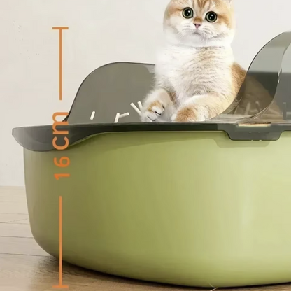 High-sided open cat litter box with low entry, designed for kittens, senior cats, and splash protection.