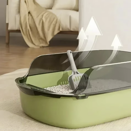 High-sided open cat litter box with low entry, designed for kittens, senior cats, and splash protection.