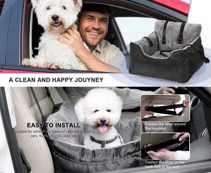 Dog car booster seat for large and medium dogs, featuring secure straps, reinforced oxford fabric, and cozy washable bed for comfortable travel.