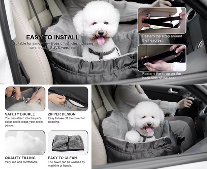 Dog car booster seat for large and medium dogs, featuring secure straps, reinforced oxford fabric, and cozy washable bed for comfortable travel.