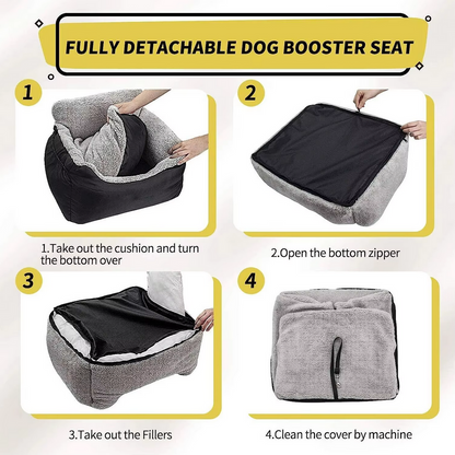 Dog car booster seat for large and medium dogs, featuring secure straps, reinforced oxford fabric, and cozy washable bed for comfortable travel.