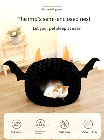 Halloween-themed imp cat house with cozy plush design for cats and small dogs.