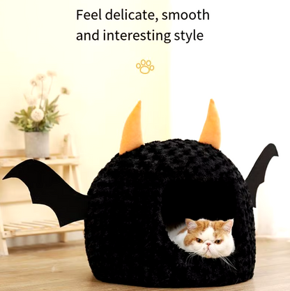 Halloween-themed imp cat house with cozy plush design for cats and small dogs.