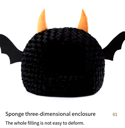 Halloween-themed imp cat house with cozy plush design for cats and small dogs.