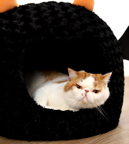 Halloween-themed imp cat house with cozy plush design for cats and small dogs.