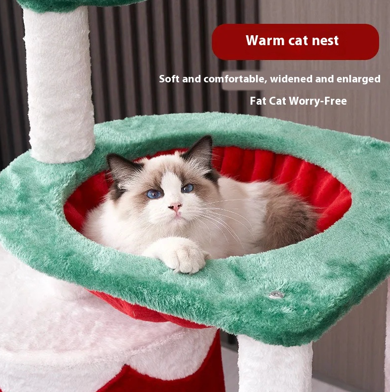 Festive cat climbing shelf with scratching post, hammock, and wooden platforms – perfect for Christmas fun.