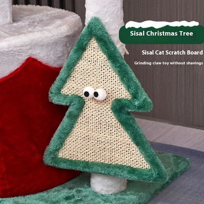 Christmas-themed cat climbing shelf with hammock and scratching post