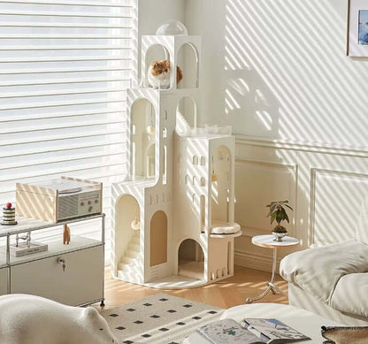 Dream Castle Cat House, Luxury Cat Bed with Lighting, Cozy Faux Fur Cat Hideaway