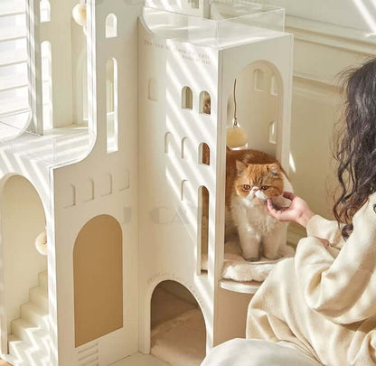 Dream Castle Cat House, Luxury Cat Bed with Lighting, Cozy Faux Fur Cat Hideaway
