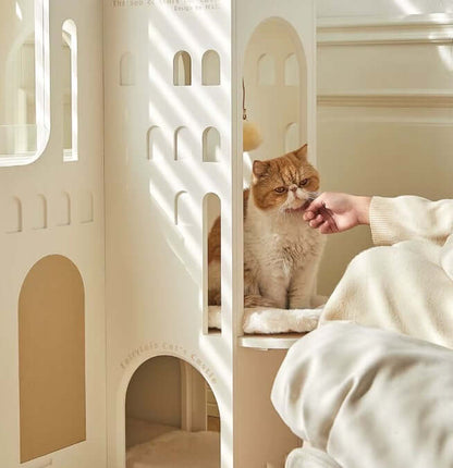 Dream Castle Cat House, Luxury Cat Bed with Lighting, Cozy Faux Fur Cat Hideaway