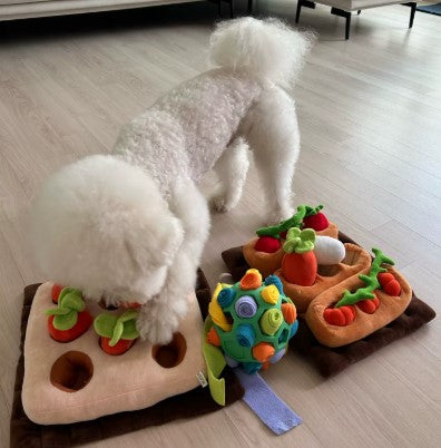 White dog playing with interactive dog food puzzle toy and eating treats - Customer review photo