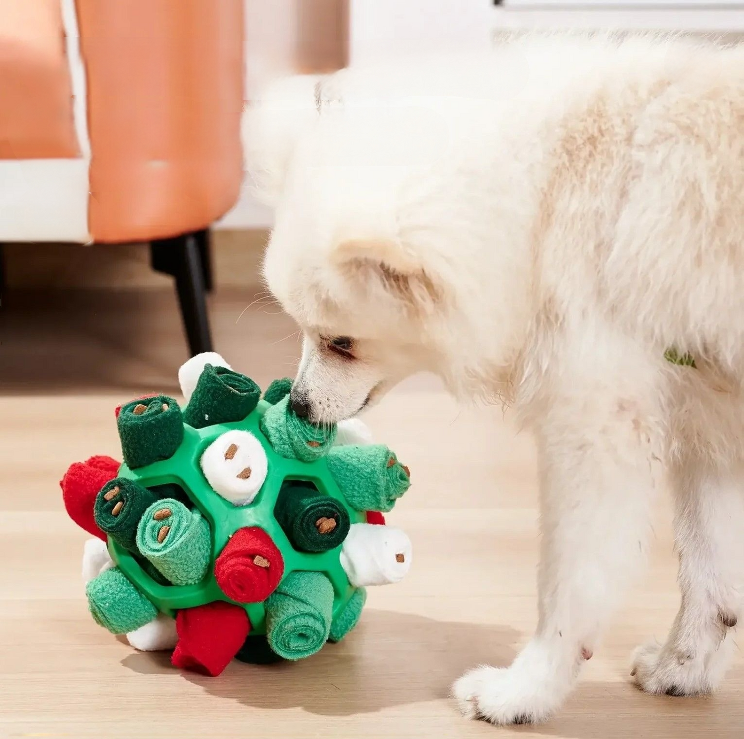 White dog sniffing a treat-dispensing toy ball, designed to hold dog treats for interactive play and mental stimulation