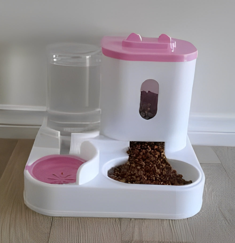 White and pink gravity-fed automatic dog food bowl and water dispenser - Customer review photo