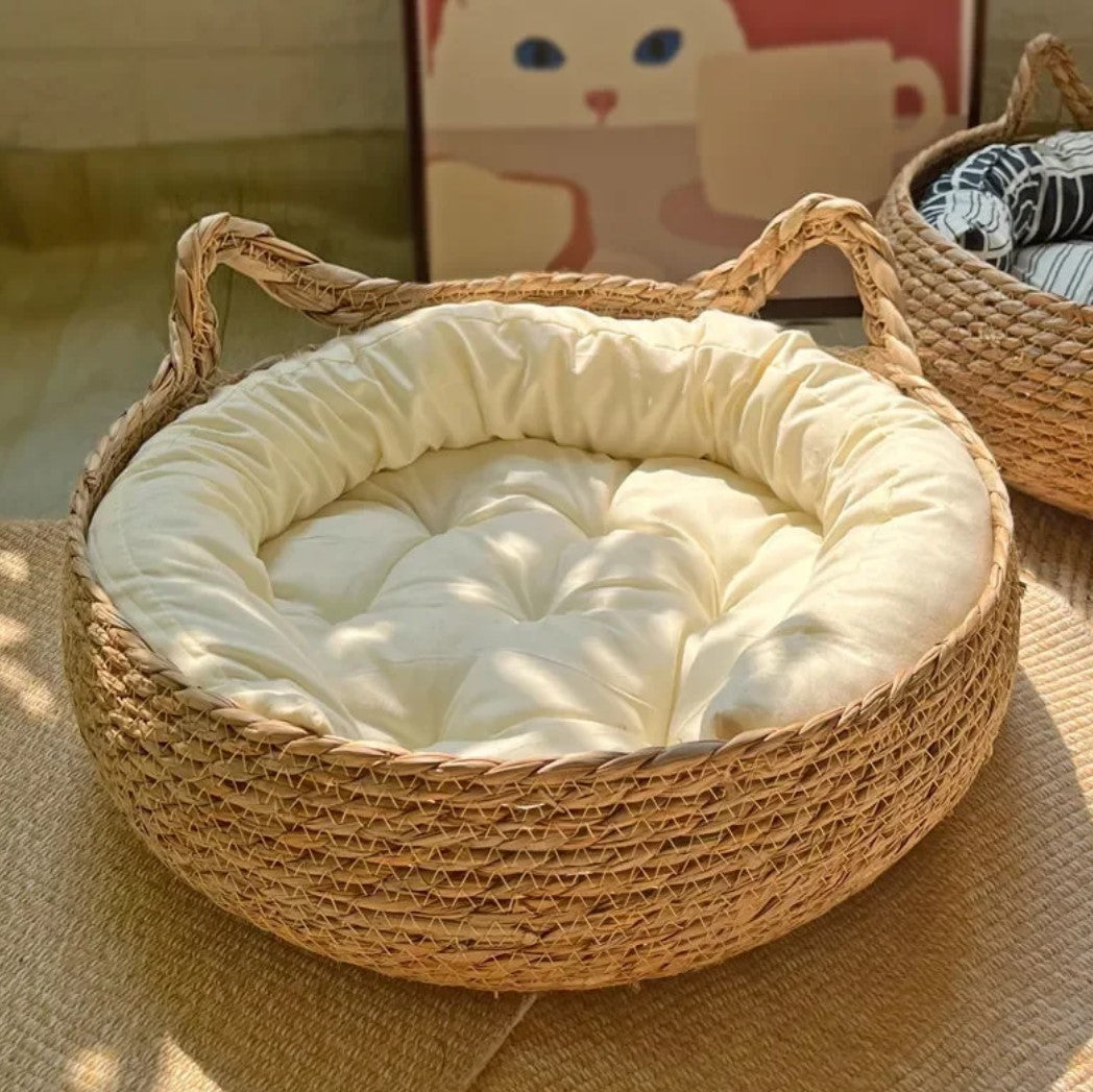 Cat-shaped cat bed with a soft cushion inside