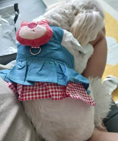 White dog lying next to a human, wearing a small skirt with a bear decoration on the back - Customer review photo