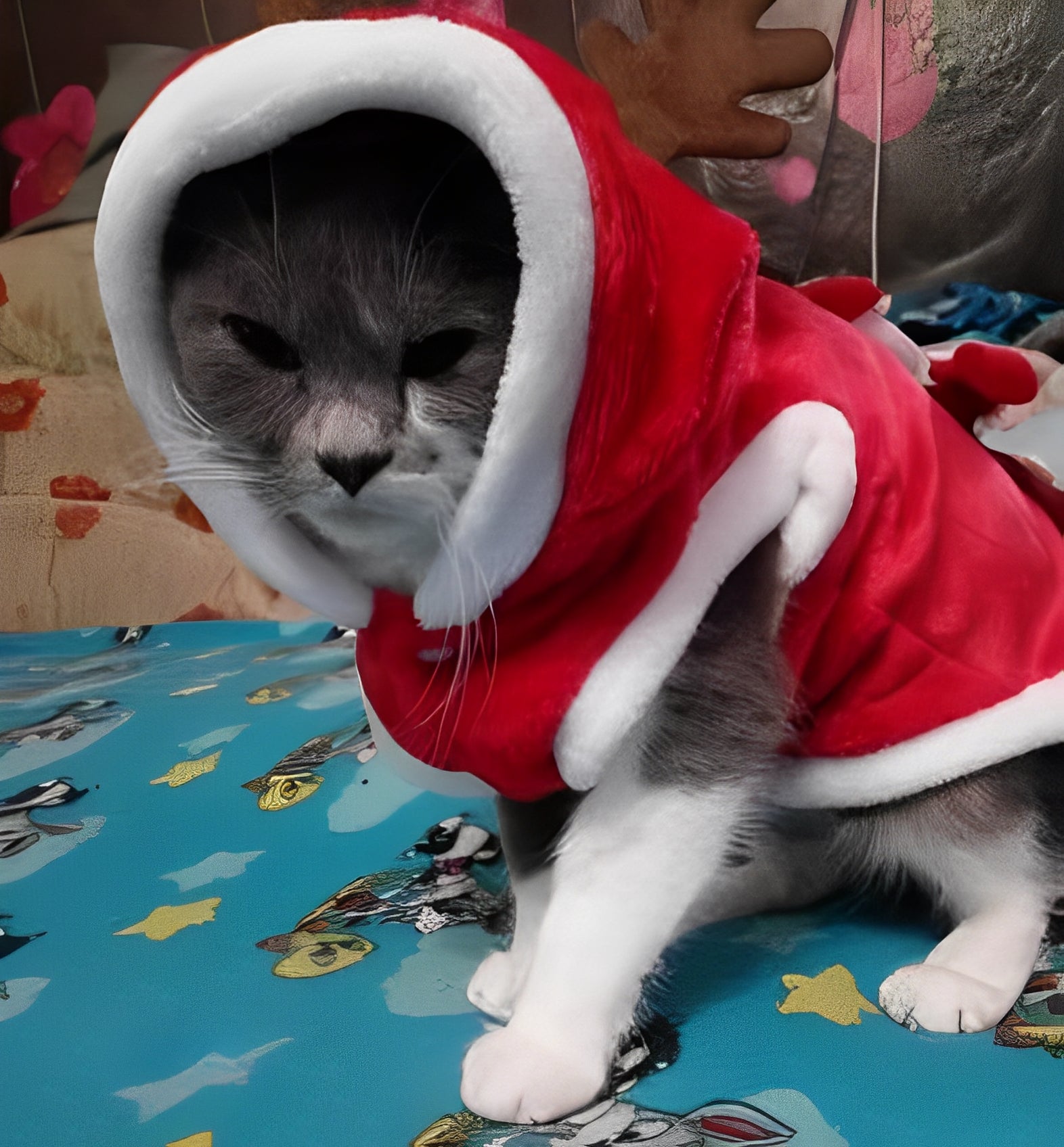 Gray and white kitten wearing red Christmas-themed fleece outfit looking at camera - Customer review photo