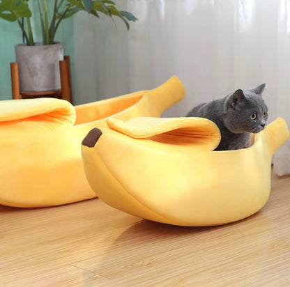 Large banana-shaped plush cat bed for small dogs and cats