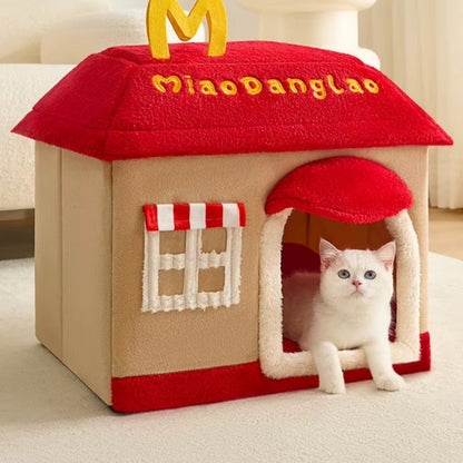 Removable enclosed pet cave for cats and dogs with washable winter design