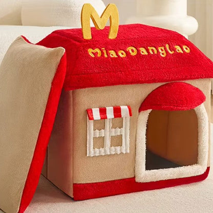 Removable enclosed pet cave for cats and dogs with washable winter design