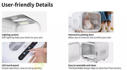Automatic pet drying box for cats and small dogs with temperature and air settings for stress-free grooming