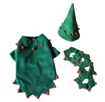 Pet wearing Halloween and Christmas knitted sweaters, featuring festive designs for dogs and cats.