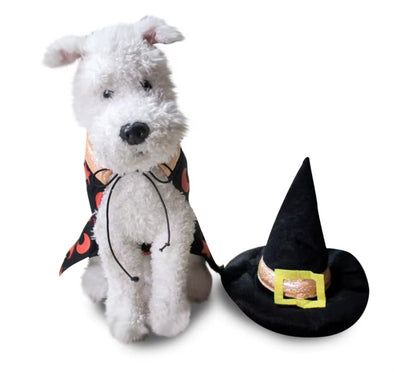 Pet wearing Halloween and Christmas knitted sweaters, featuring festive designs for dogs and cats.