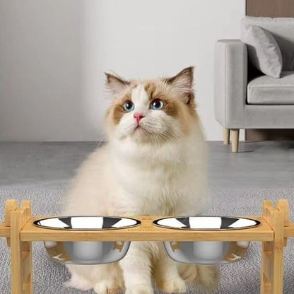 Adjustable elevated pet bowl for small dogs and cats with bamboo stand.