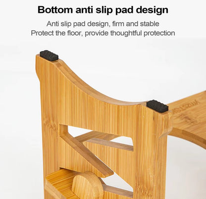 Adjustable elevated pet bowl for small dogs and cats with bamboo stand.
