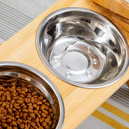 Adjustable elevated pet bowl for small dogs and cats with bamboo stand.