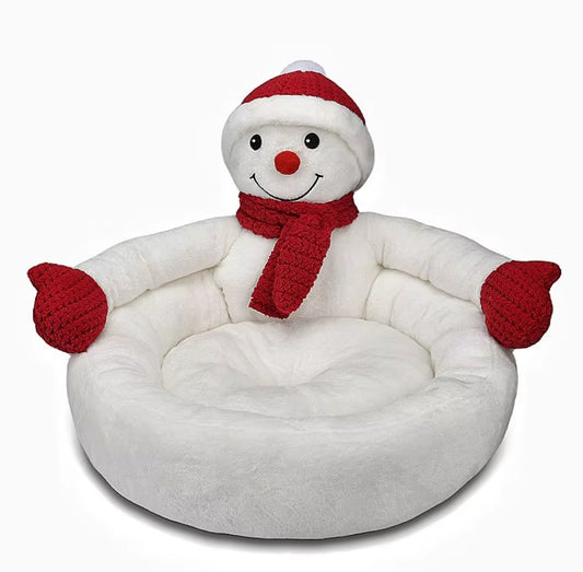Snowman-shaped Christmas cat bed cave for winter comfort and festive holiday decor.
