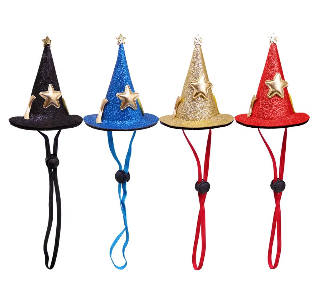 Halloween witch and wizard hat costume for cats and small dogs with adjustable strap for a magical look.