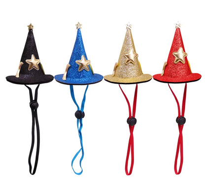 Halloween witch and wizard hat costume for cats and small dogs with adjustable strap for a magical look.