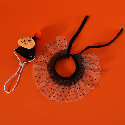 Pet Halloween costume set with bat, spider, and pumpkin hats, headband, lace bib, and scarf for cats and dogs.