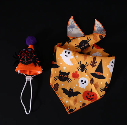 Pet Halloween costume set with bat, spider, and pumpkin hats, headband, lace bib, and scarf for cats and dogs.