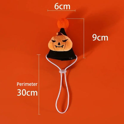 Pet Halloween costume set with bat, spider, and pumpkin hats, headband, lace bib, and scarf for cats and dogs.