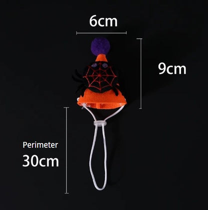 Pet Halloween costume set with bat, spider, and pumpkin hats, headband, lace bib, and scarf for cats and dogs.