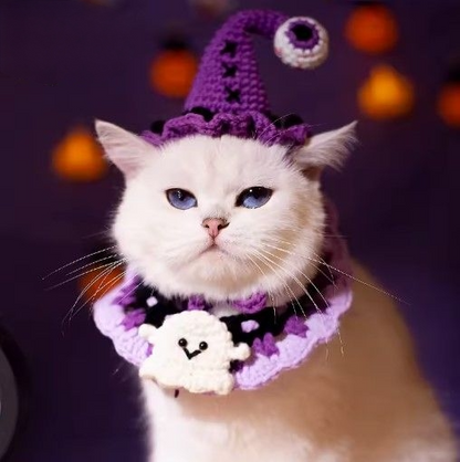 Hand-knit Halloween Pet Collar Bib for cats and dogs, perfect for adding a spooky touch to Halloween costumes.