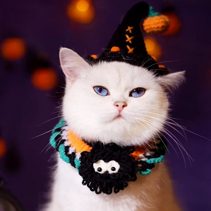 Hand-knit Halloween Pet Collar Bib for cats and dogs, perfect for adding a spooky touch to Halloween costumes.
