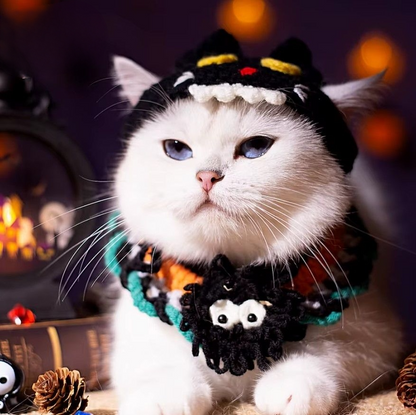 Hand-knit Halloween Pet Collar Bib for cats and dogs, perfect for adding a spooky touch to Halloween costumes.
