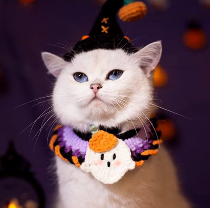 Hand-knit Halloween Pet Collar Bib for cats and dogs, perfect for adding a spooky touch to Halloween costumes.