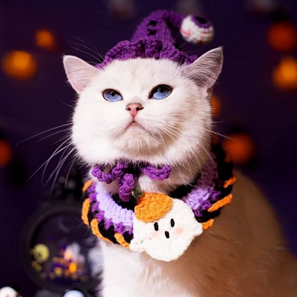 Hand-knit Halloween Pet Collar Bib for cats and dogs, perfect for adding a spooky touch to Halloween costumes.
