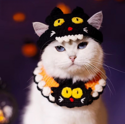 Hand-knit Halloween Pet Collar Bib for cats and dogs, perfect for adding a spooky touch to Halloween costumes.