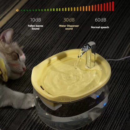 Silent automatic cat water fountain with double filtration and smart flow system for healthy hydration.