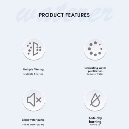 Silent automatic cat water fountain with double filtration and smart flow system for healthy hydration.