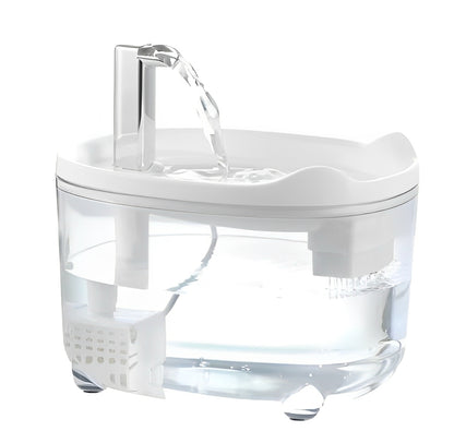 Silent automatic cat water fountain with double filtration and smart flow system for healthy hydration.