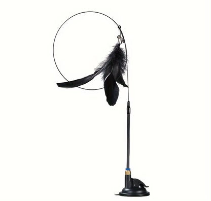 Interactive cat teaser wand toy with feather and bell, perfect for stimulating play and engaging hunting instincts.